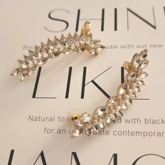 CZ MARQUISE Faceted Gold Statement Cuff Climbing Earrings Wedding Bridal - Picture 10 of 13